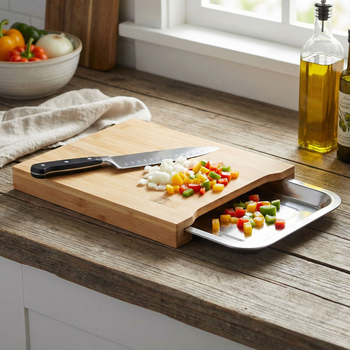 Isabella Natural Bamboo Cutting Board With Removable Stainless Steel Tray, 13x10