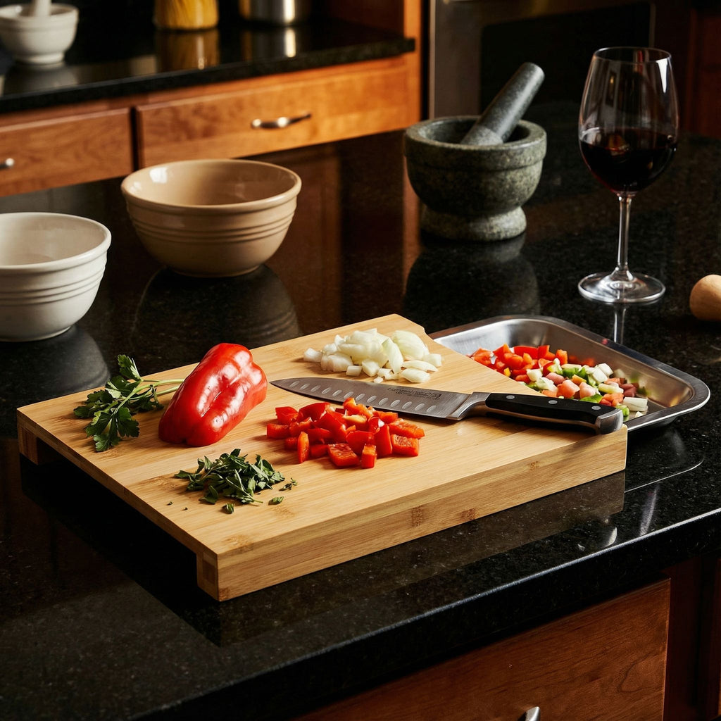 Isabella Natural Bamboo Cutting Board With Removable Stainless Steel Tray, 13x10