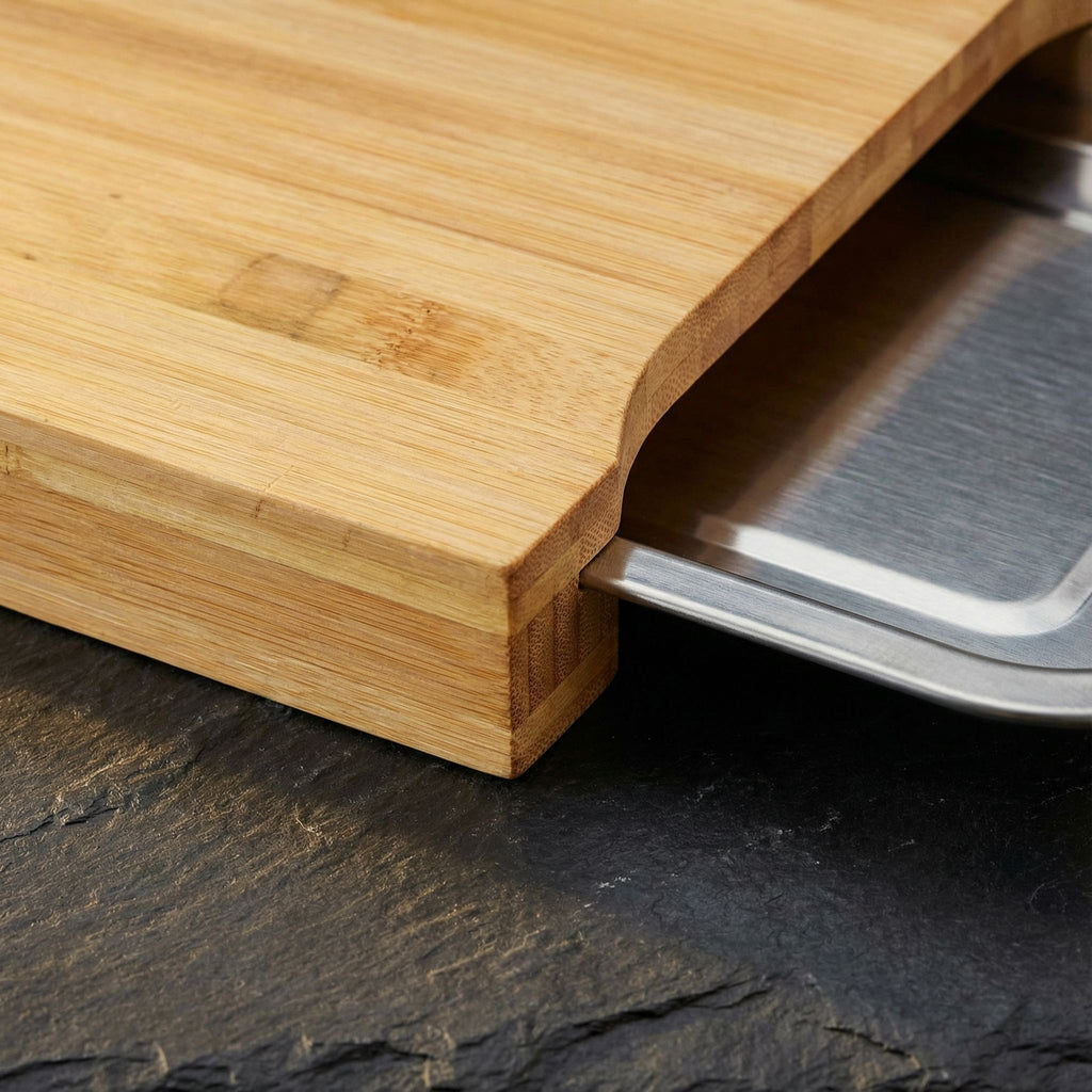 Isabella Natural Bamboo Cutting Board With Removable Stainless Steel Tray, 13x10