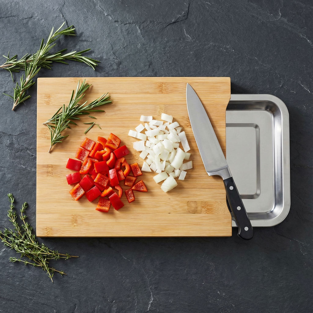 Isabella Natural Bamboo Cutting Board With Removable Stainless Steel Tray, 13x10