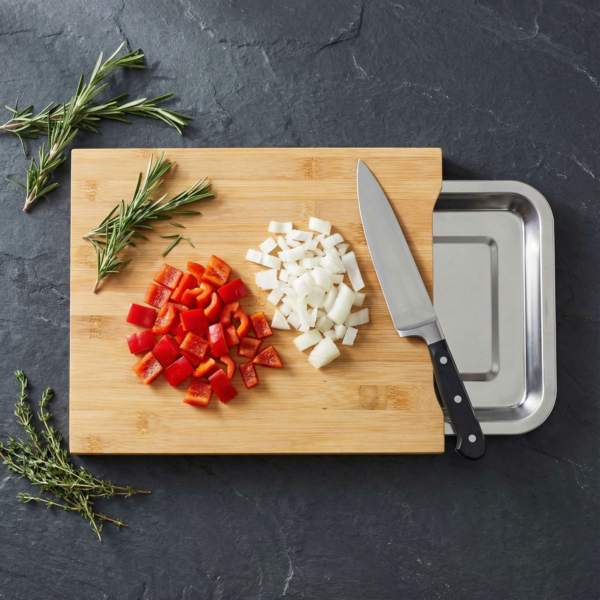 Isabella Natural Bamboo Cutting Board With Removable Stainless Steel Tray, 13x10