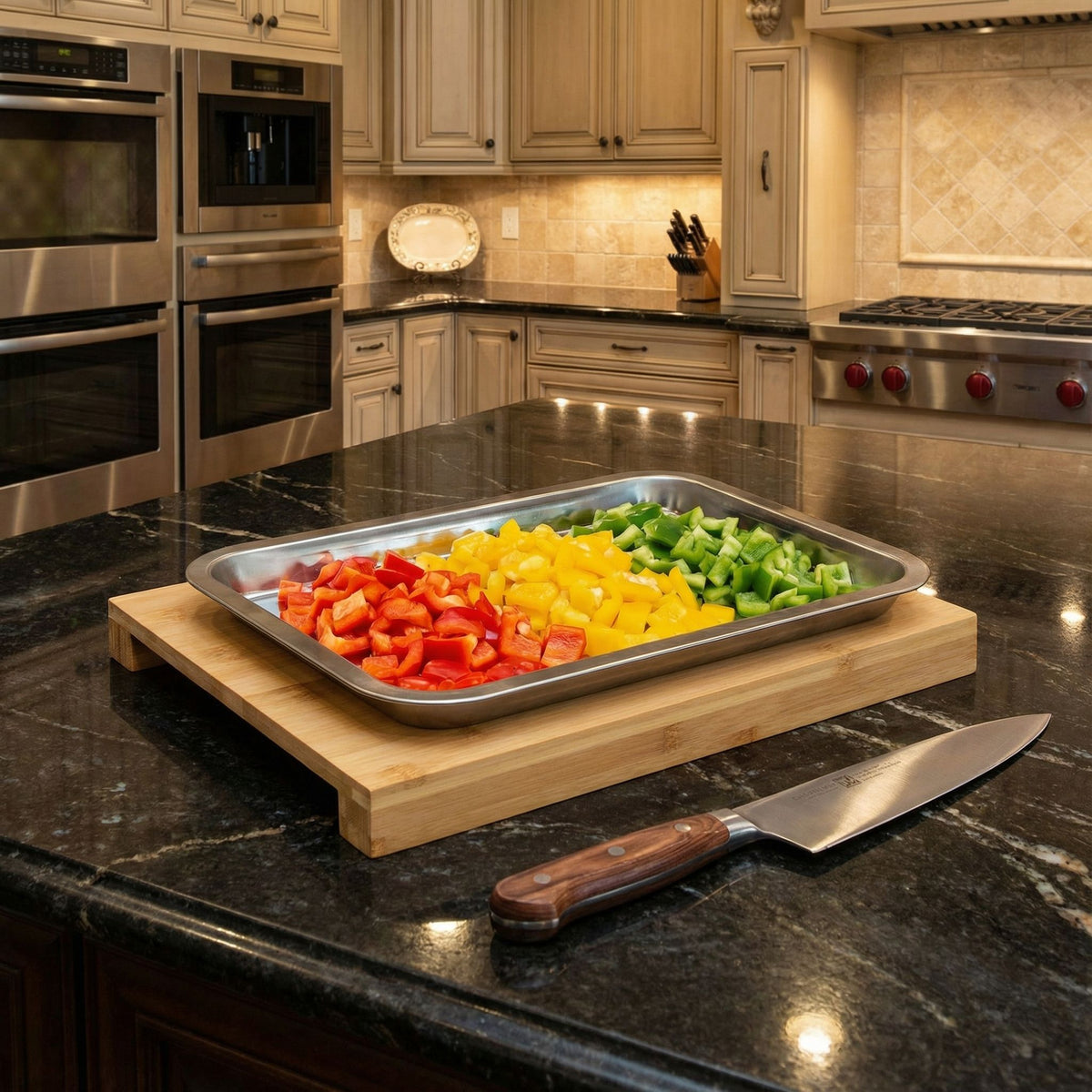 Isabella Natural Bamboo Cutting Board With Removable Stainless Steel Tray, 13x10