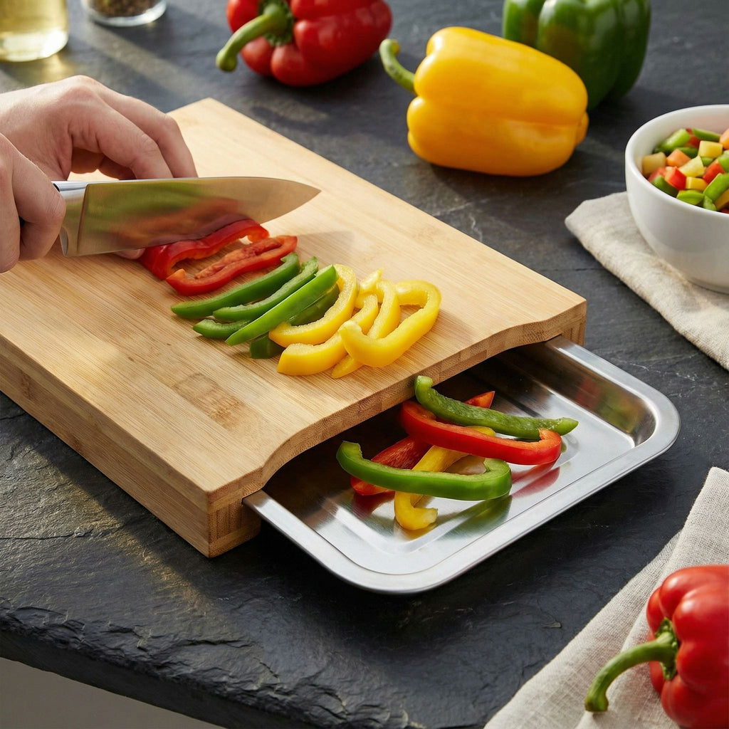 Isabella Natural Bamboo Cutting Board With Removable Stainless Steel Tray, 13x10