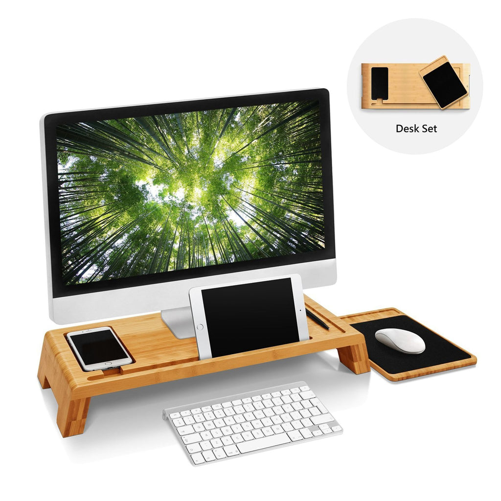 Mia Natural Bamboo Monitor Stand With Mouse Pad