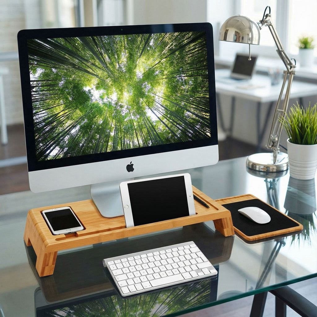 Mia Natural Bamboo Monitor Stand With Mouse Pad
