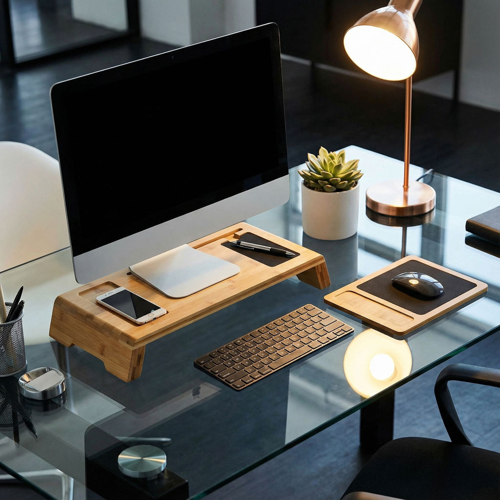 Mia Natural Bamboo Monitor Stand With Mouse Pad