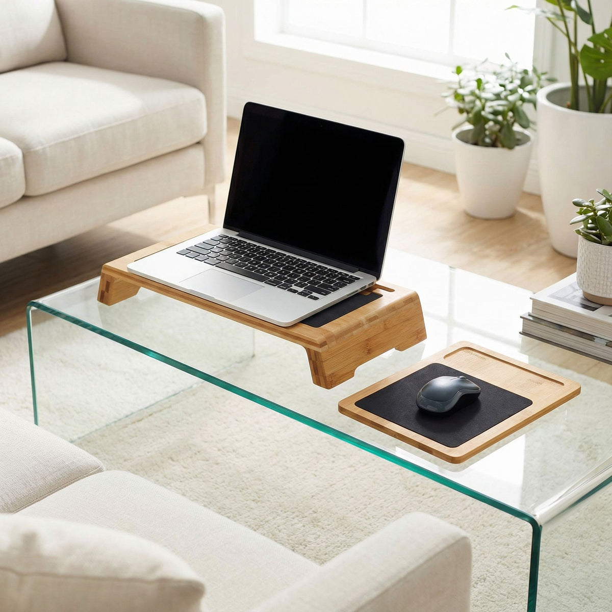 Mia Natural Bamboo Monitor Stand With Mouse Pad