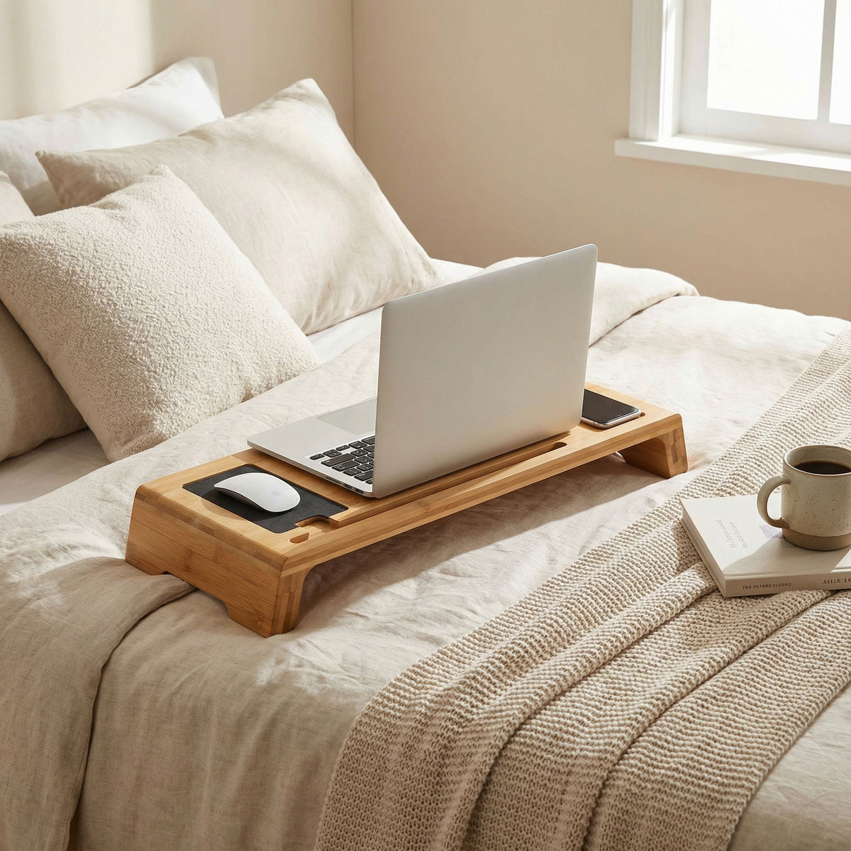 Mia Natural Bamboo Monitor Stand With Mouse Pad