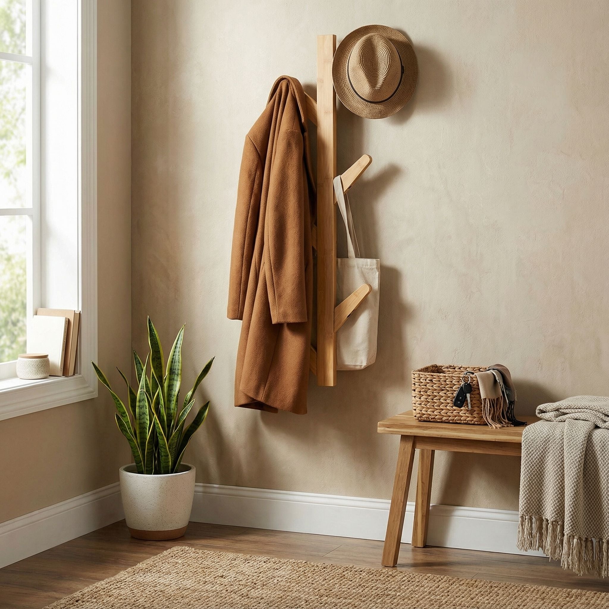 Cortesi Home Space Saver Natural Bamboo Wall Mounted 6 Hook Hanging Storage Organizer, Coat Rack