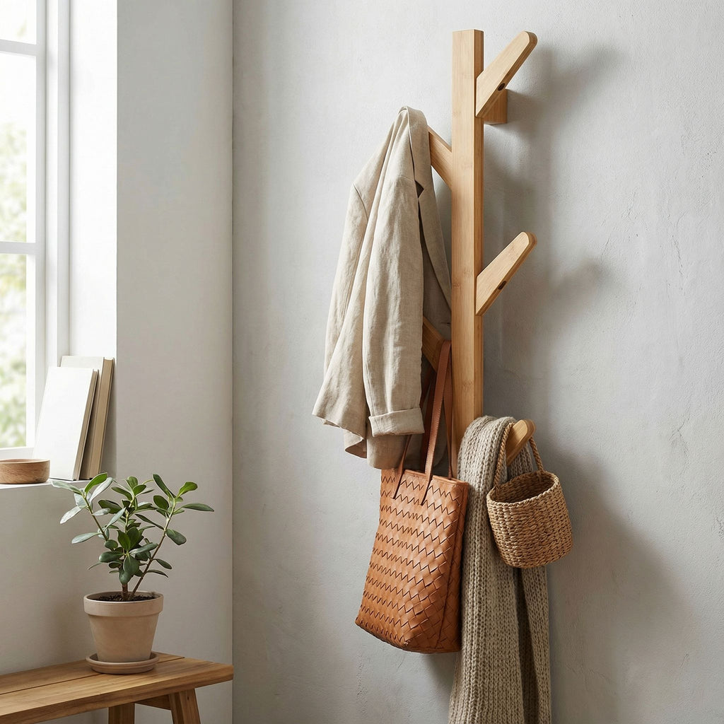 Cortesi Home Space Saver Natural Bamboo Wall Mounted 6 Hook Hanging Storage Organizer, Coat Rack