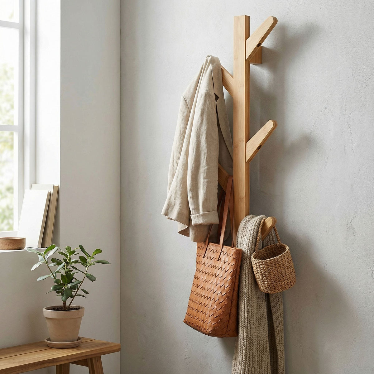 Cortesi Home Space Saver Natural Bamboo Wall Mounted 6 Hook Hanging Storage Organizer, Coat Rack