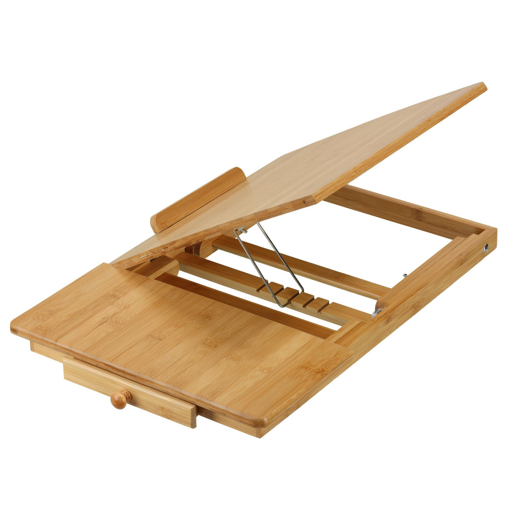 Terri Natural Bamboo Laptop Desk Serving Tray Table with Tilt Top and Drawer, 28x14