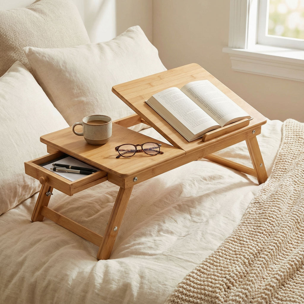 Terri Natural Bamboo Laptop Desk Serving Tray Table with Tilt Top and Drawer, 28x14
