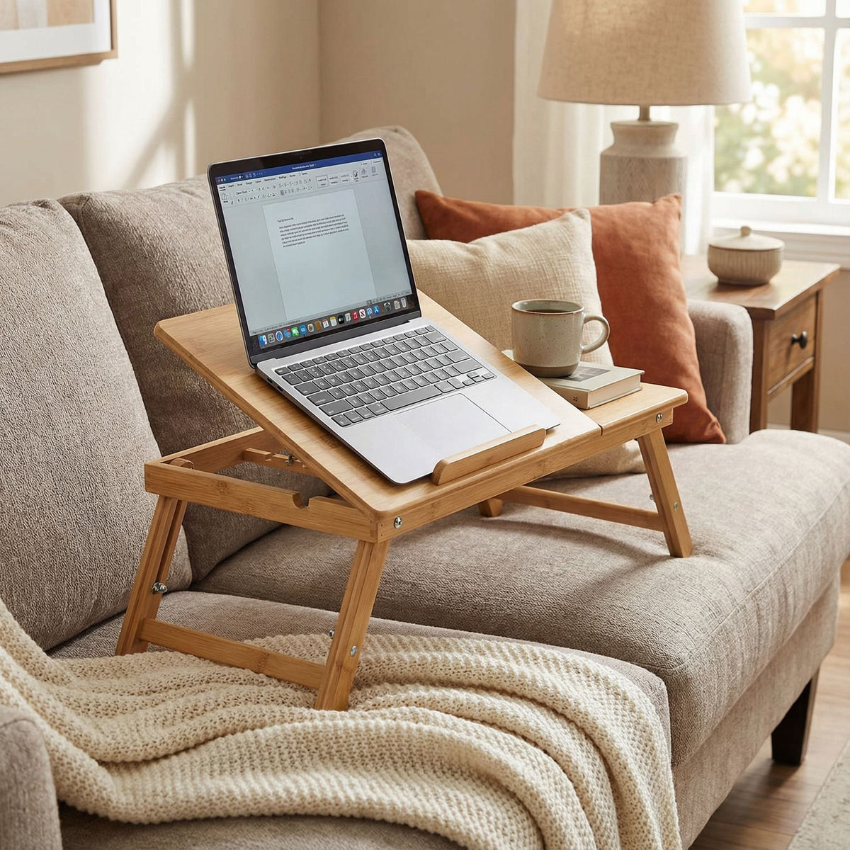 Terri Natural Bamboo Laptop Desk Serving Tray Table with Tilt Top and Drawer, 28x14