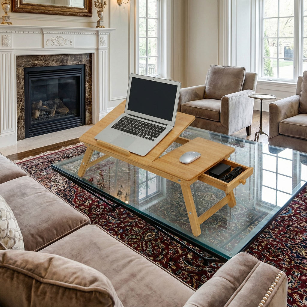 Terri Natural Bamboo Laptop Desk Serving Tray Table with Tilt Top and Drawer, 28x14