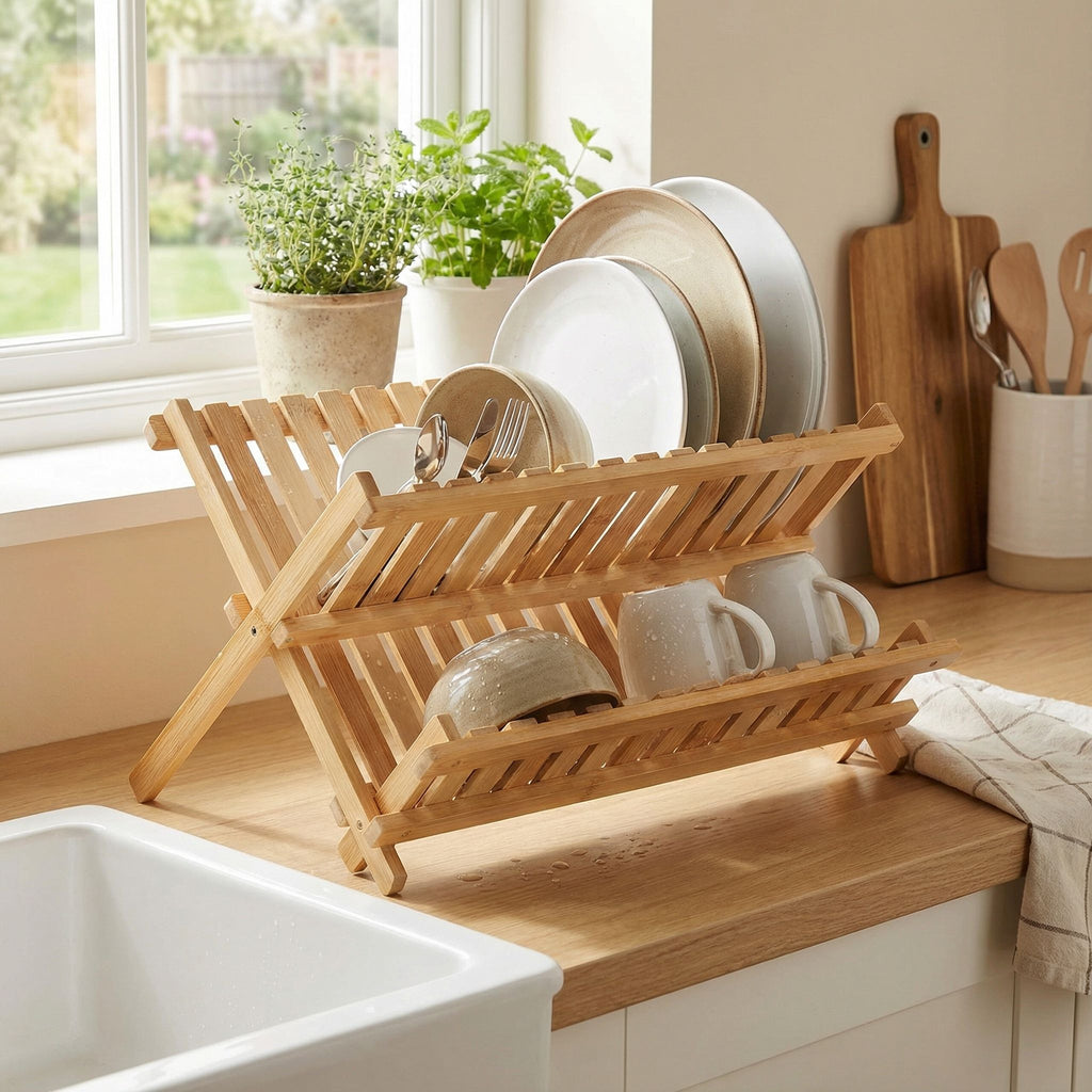 Rella Natural Bamboo Folding Dish Rack for Drying and Storage