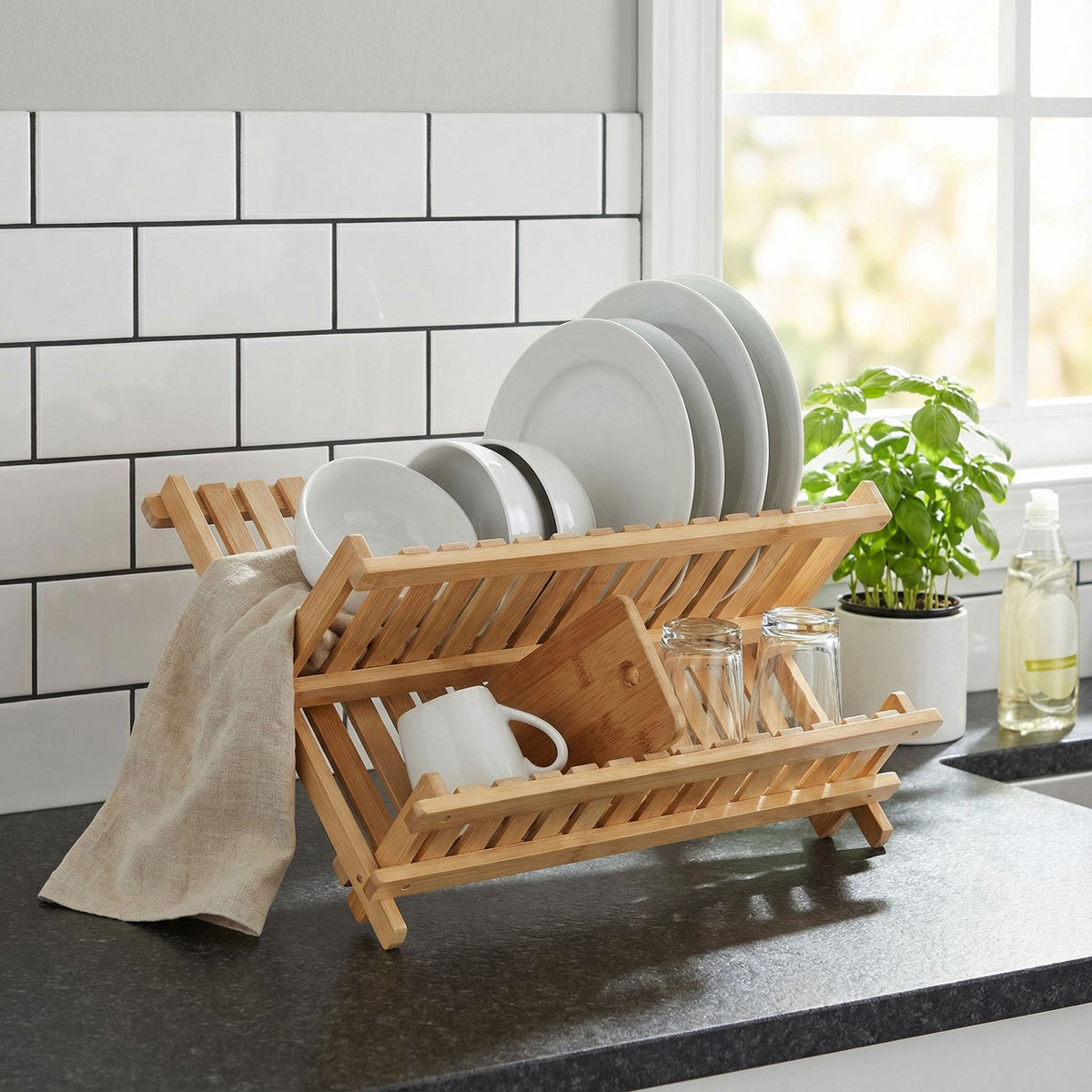 Rella Natural Bamboo Folding Dish Rack for Drying and Storage