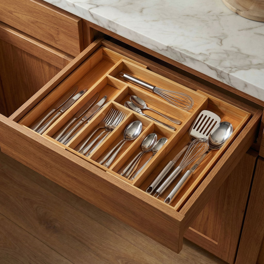 Michelle Natural Bamboo Expandable Flatware Organizer for Kitchen Utensils and Cutlery
