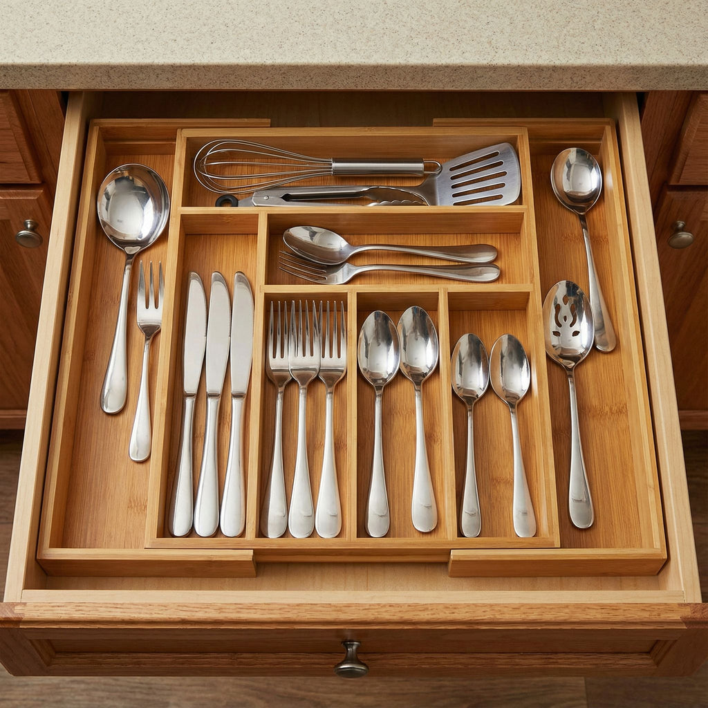 Michelle Natural Bamboo Expandable Flatware Organizer for Kitchen Utensils and Cutlery