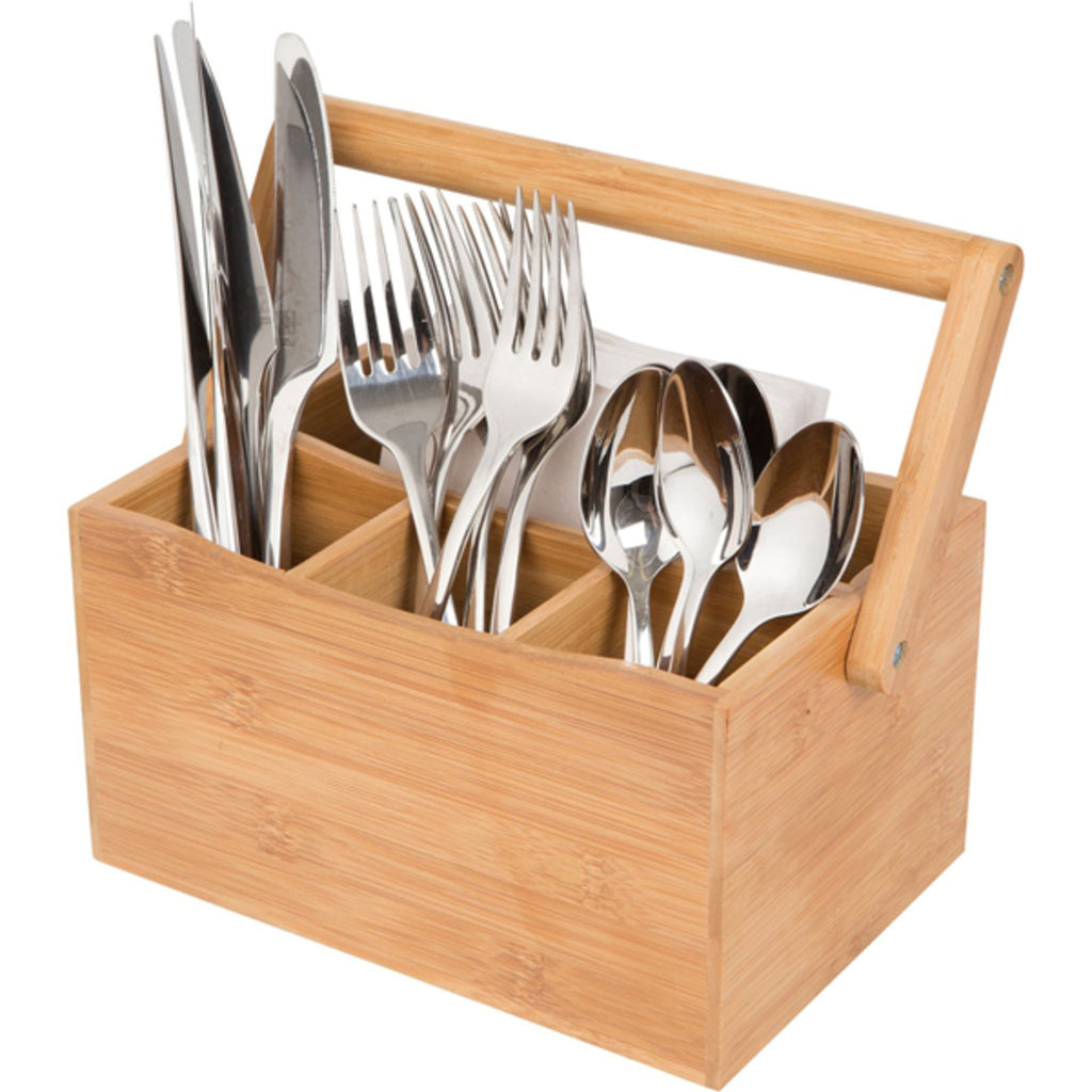 Cortesi Home Kira Natural Bamboo Cutlery Caddy Tabletop Holder with Handle and 4 Compartments