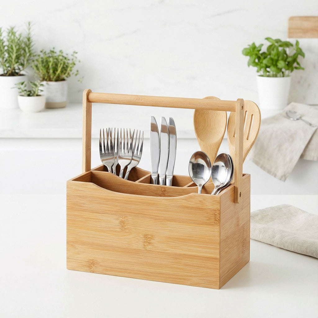 Cortesi Home Kira Natural Bamboo Cutlery Caddy Tabletop Holder with Handle and 4 Compartments