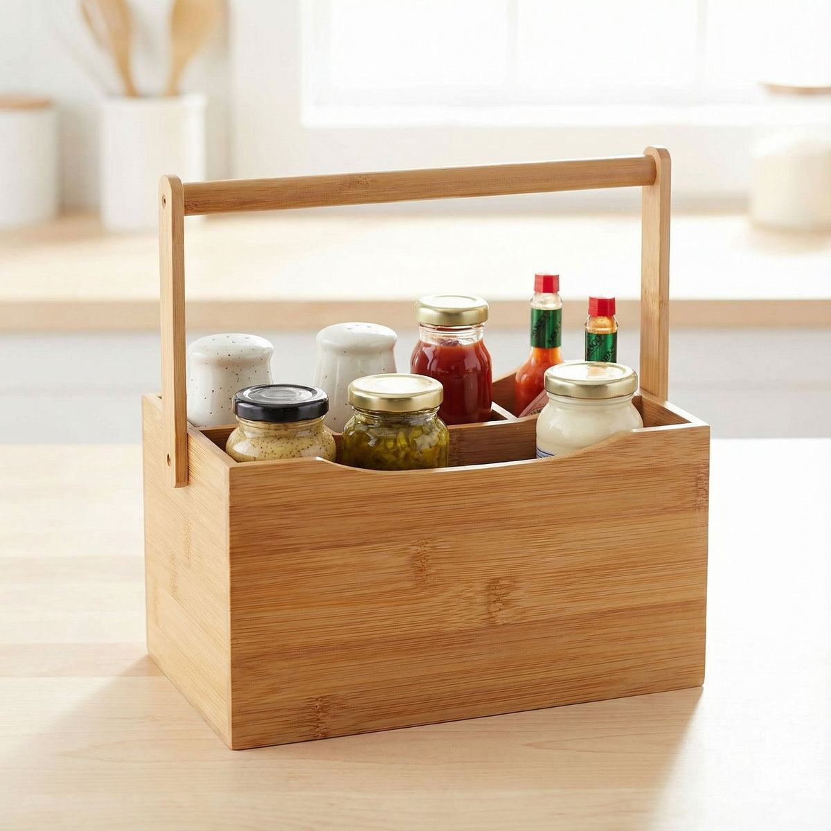 Cortesi Home Kira Natural Bamboo Cutlery Caddy Tabletop Holder with Handle and 4 Compartments