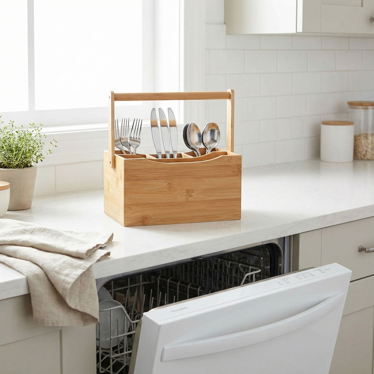 Cortesi Home Kira Natural Bamboo Cutlery Caddy Tabletop Holder with Handle and 4 Compartments
