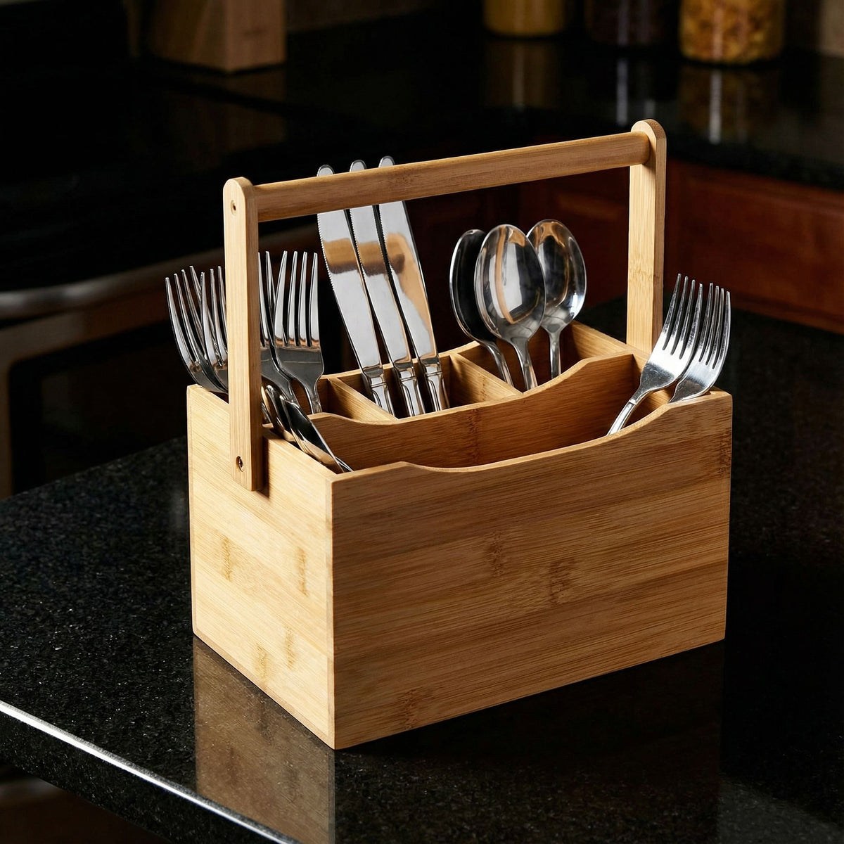Cortesi Home Kira Natural Bamboo Cutlery Caddy Tabletop Holder with Handle and 4 Compartments