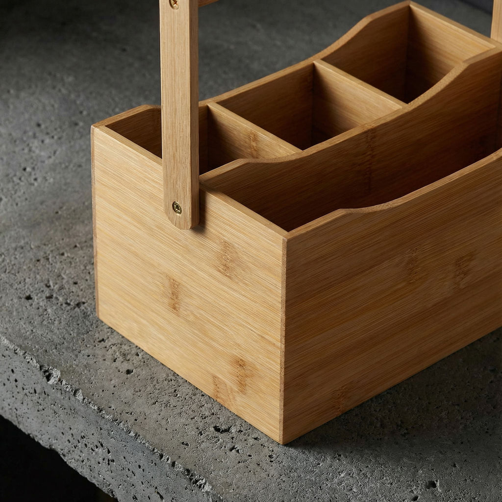 Cortesi Home Kira Natural Bamboo Cutlery Caddy Tabletop Holder with Handle and 4 Compartments