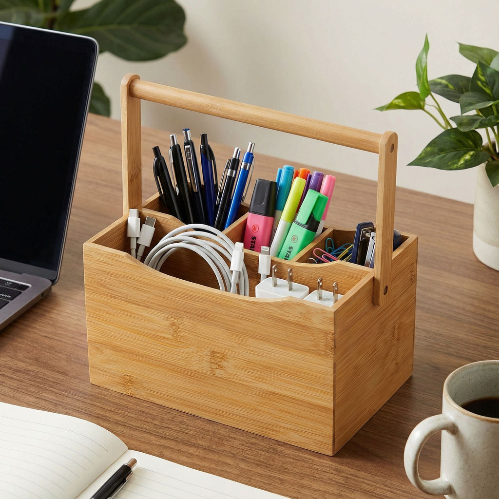 Cortesi Home Kira Natural Bamboo Cutlery Caddy Tabletop Holder with Handle and 4 Compartments