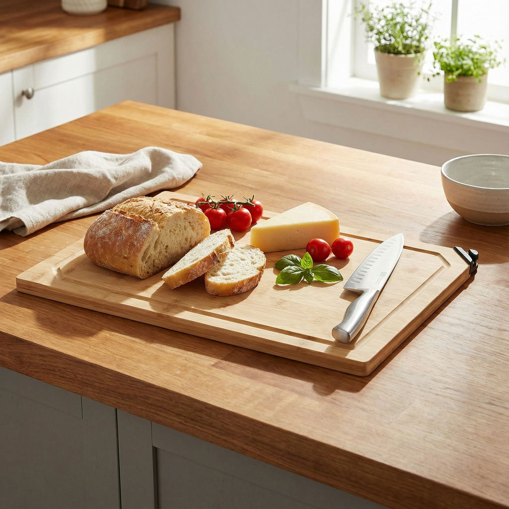 Nuri Natural Bamboo Cutting Board with Knife Sharpener, 12"x18"