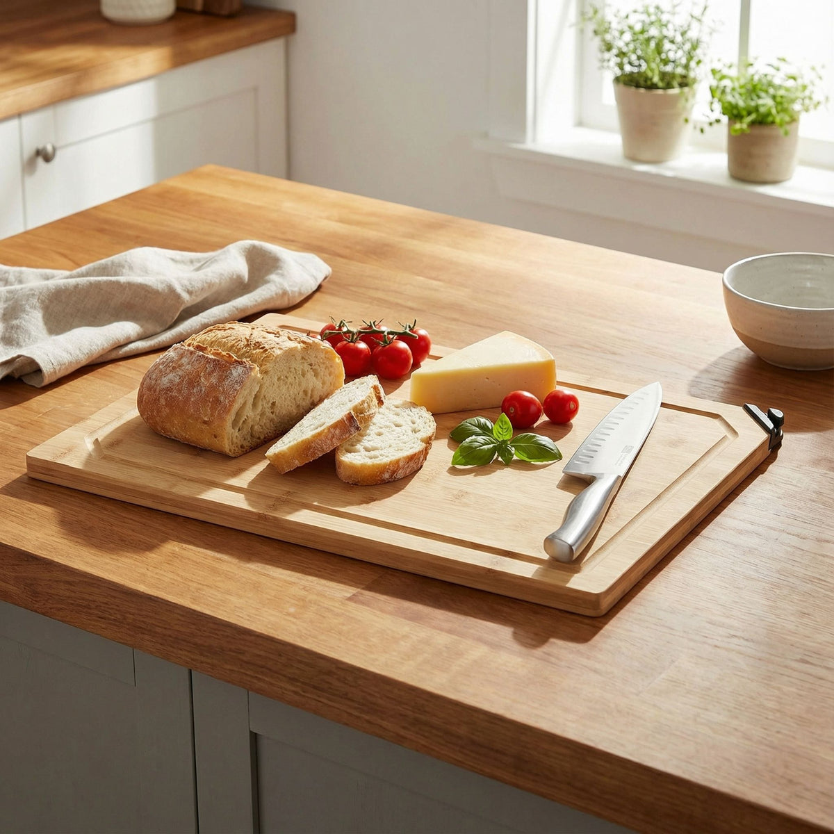 Nuri Natural Bamboo Cutting Board with Knife Sharpener, 12"x18"
