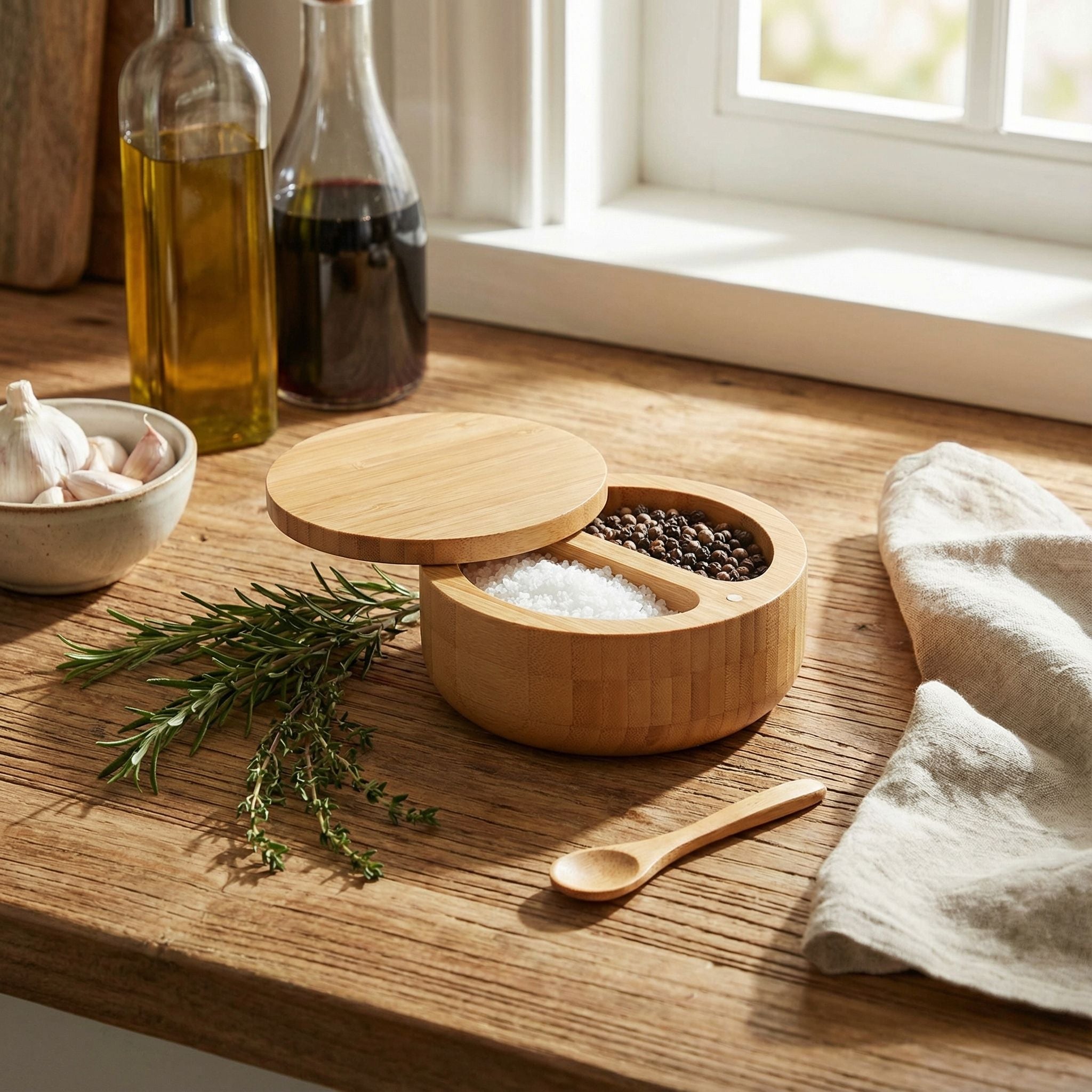Cortesi Home Pinchi Natural Bamboo Salt and Pepper Herbs and Spice Box with Rotating Top