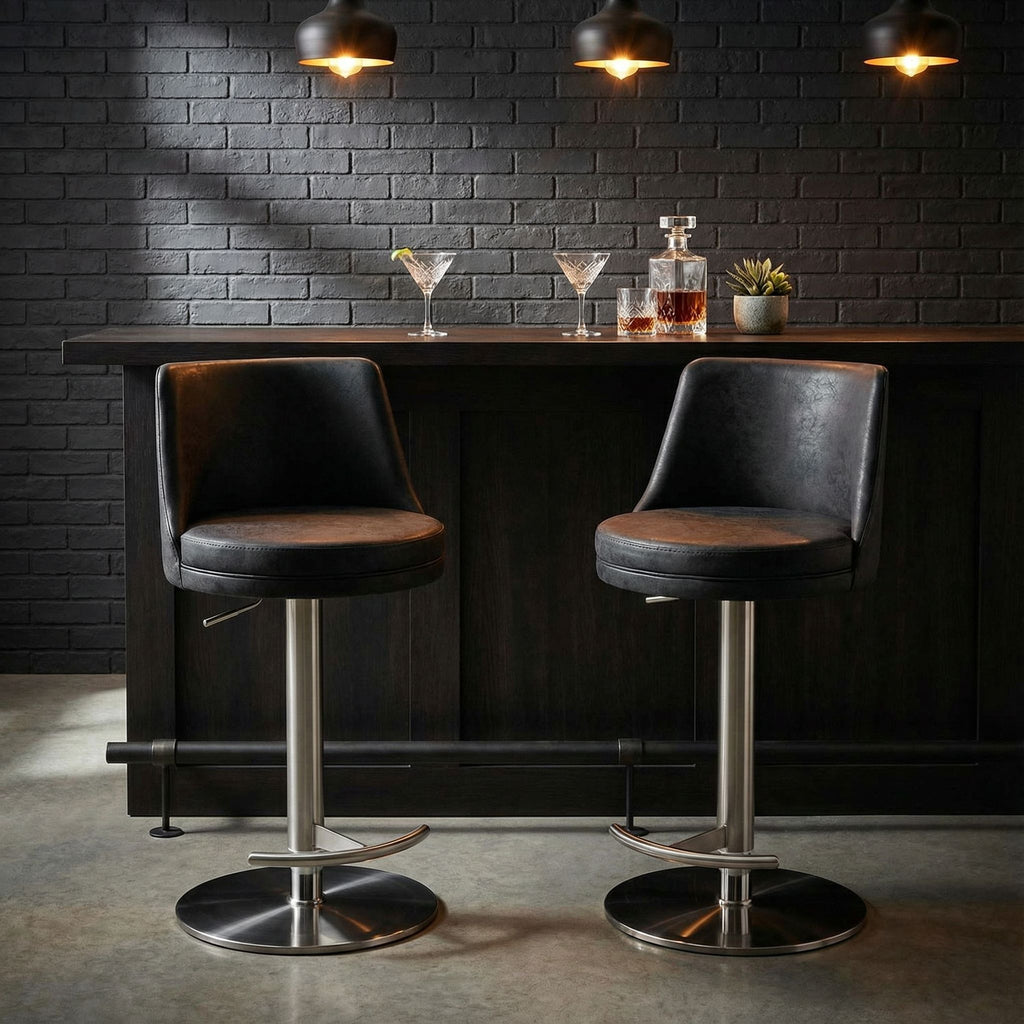 Eros Adjustable Swivel Barstool in Brushed Stainless Steel with Heavy Solid Base, Retro Black
