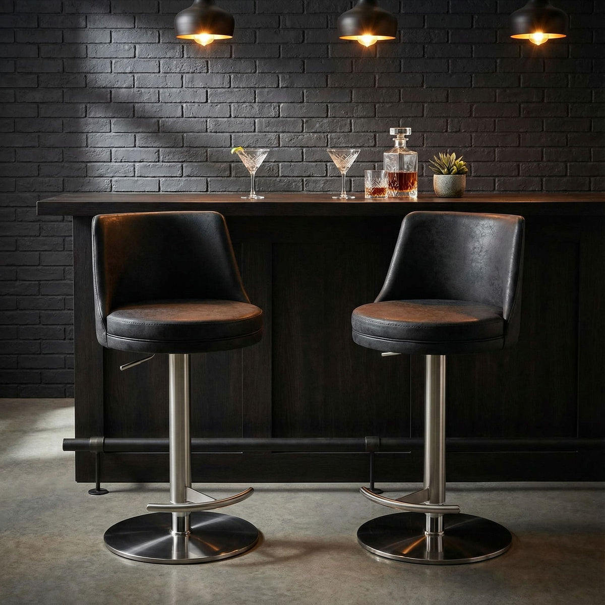 Eros Adjustable Swivel Barstool in Brushed Stainless Steel with Heavy Solid Base, Retro Black