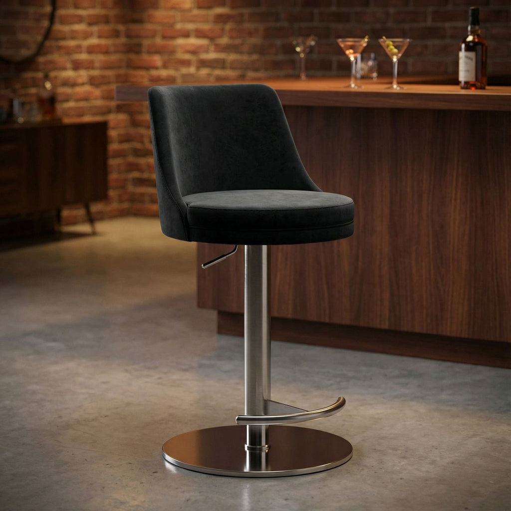Eros Adjustable Swivel Barstool in Brushed Stainless Steel with Heavy Solid Base, Retro Black