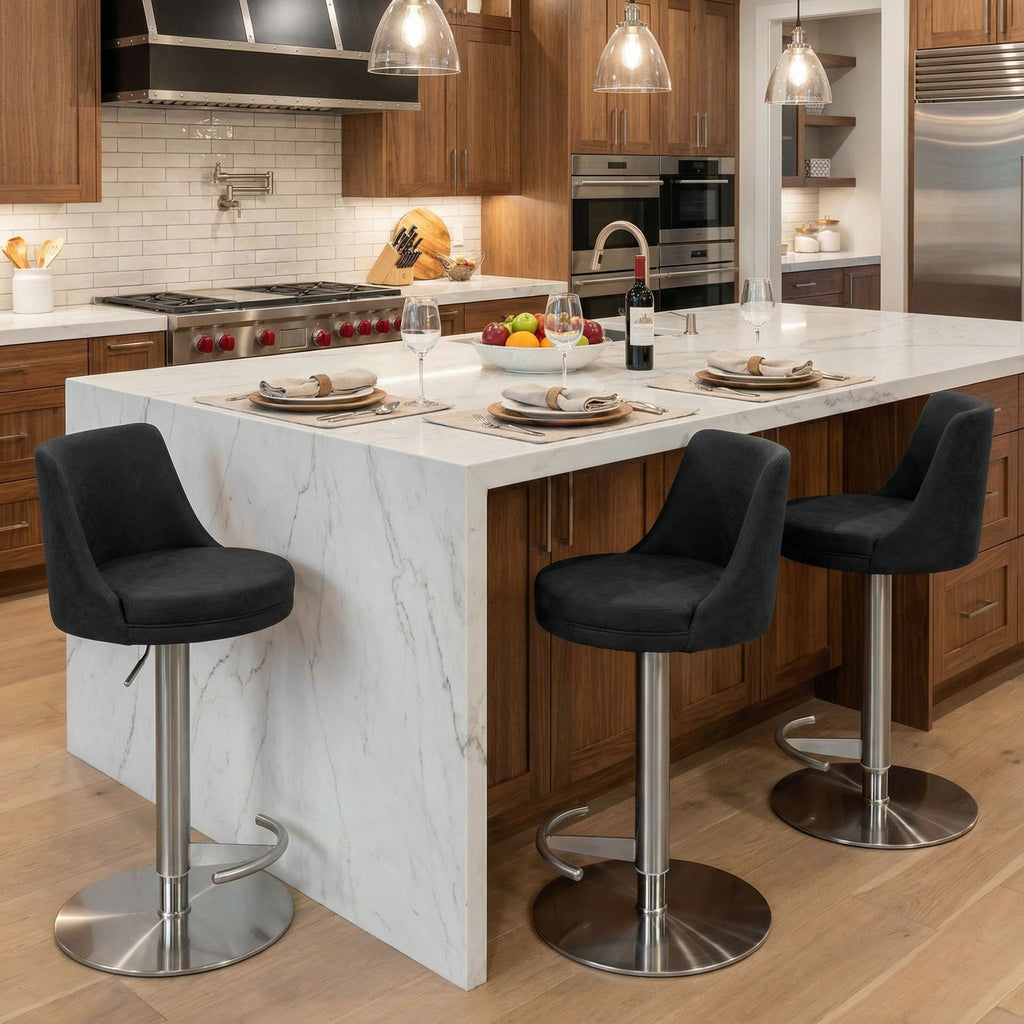 Eros Adjustable Swivel Barstool in Brushed Stainless Steel with Heavy Solid Base, Retro Black