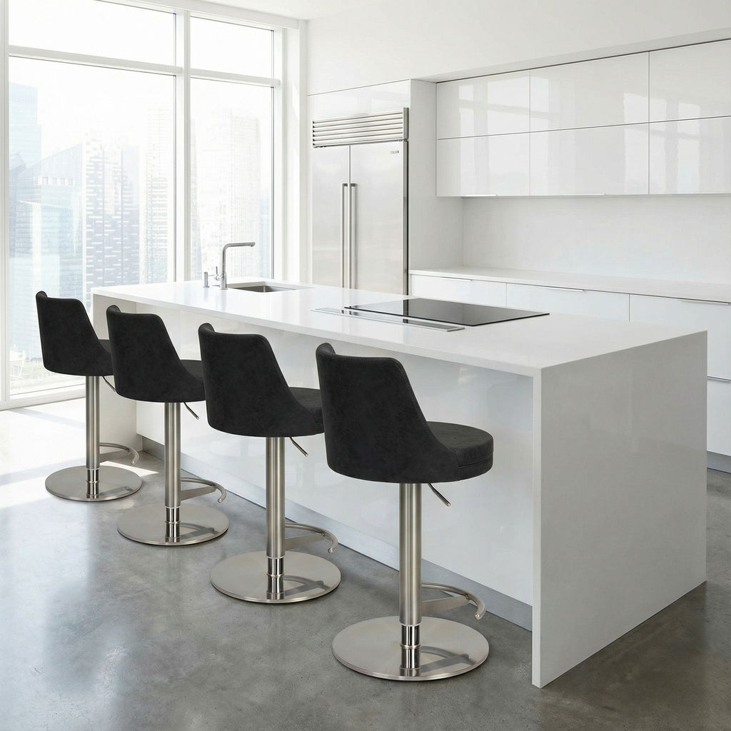 Eros Adjustable Swivel Barstool in Brushed Stainless Steel with Heavy Solid Base, Retro Black