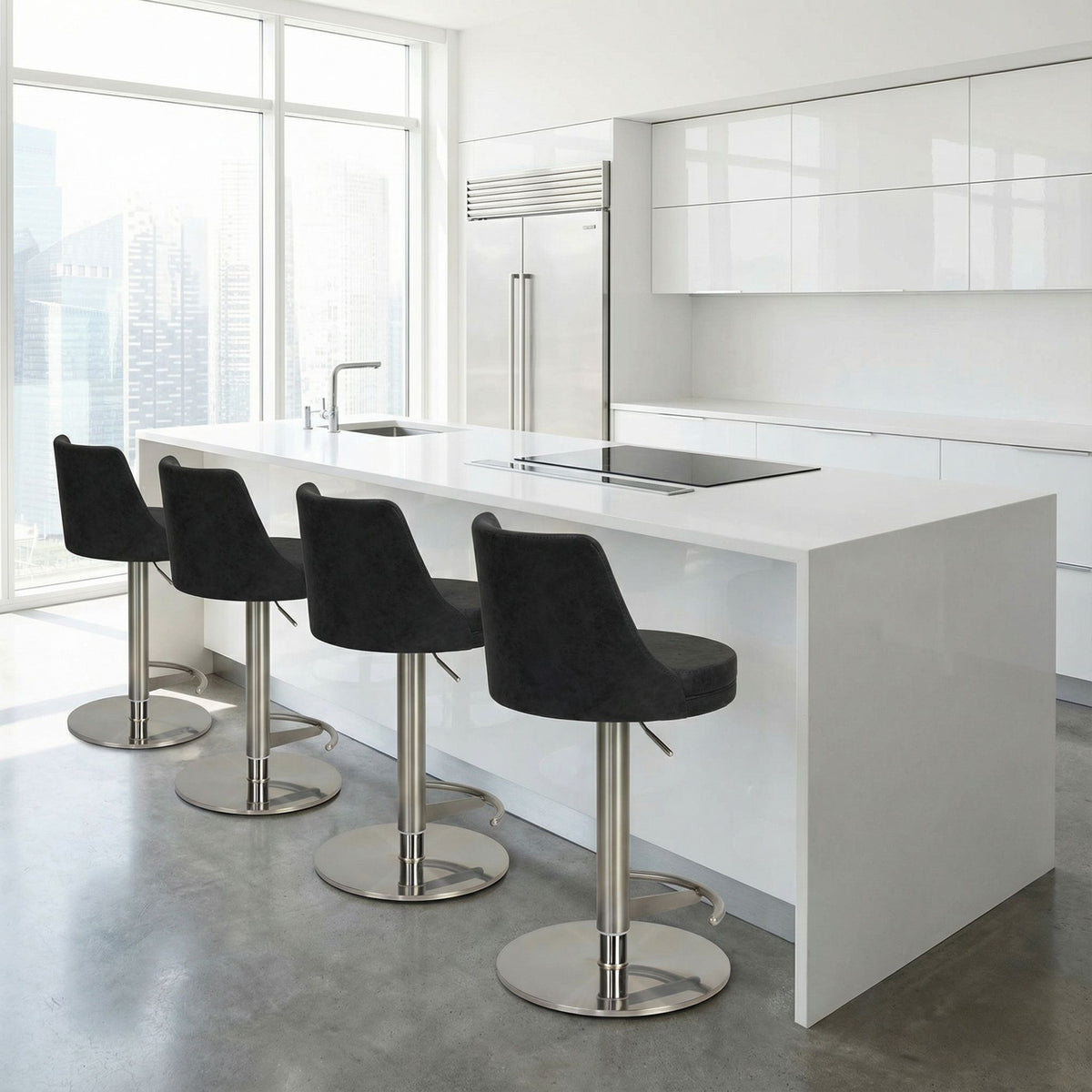 Eros Adjustable Swivel Barstool in Brushed Stainless Steel with Heavy Solid Base, Retro Black