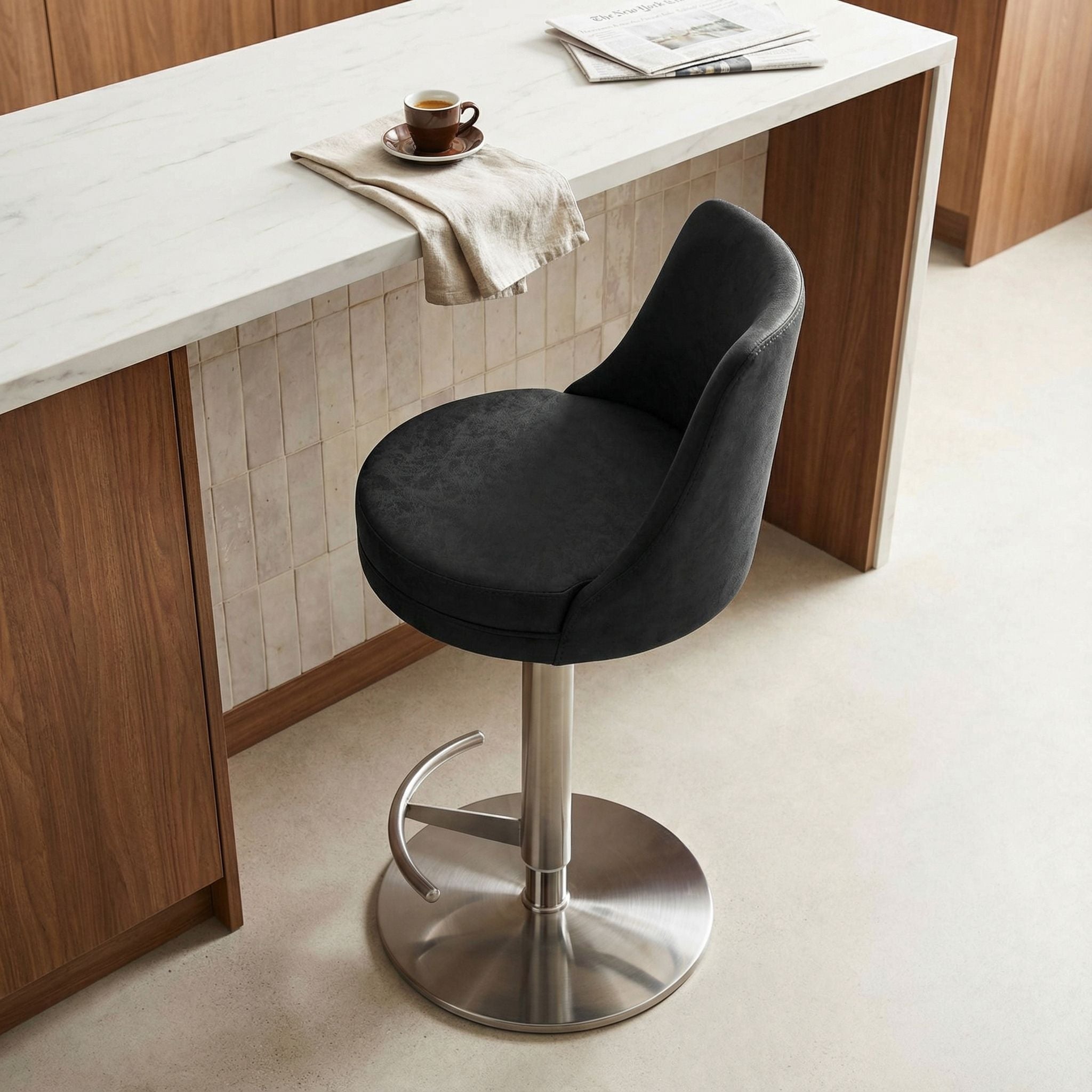 Eros Adjustable Swivel Barstool in Brushed Stainless Steel with Heavy Solid Base, Retro Black