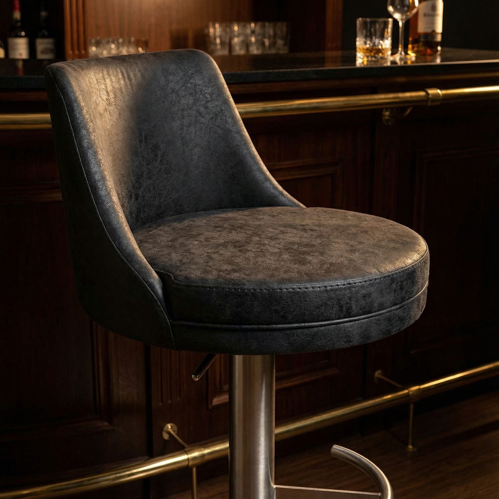 Eros Adjustable Swivel Barstool in Brushed Stainless Steel with Heavy Solid Base, Retro Black
