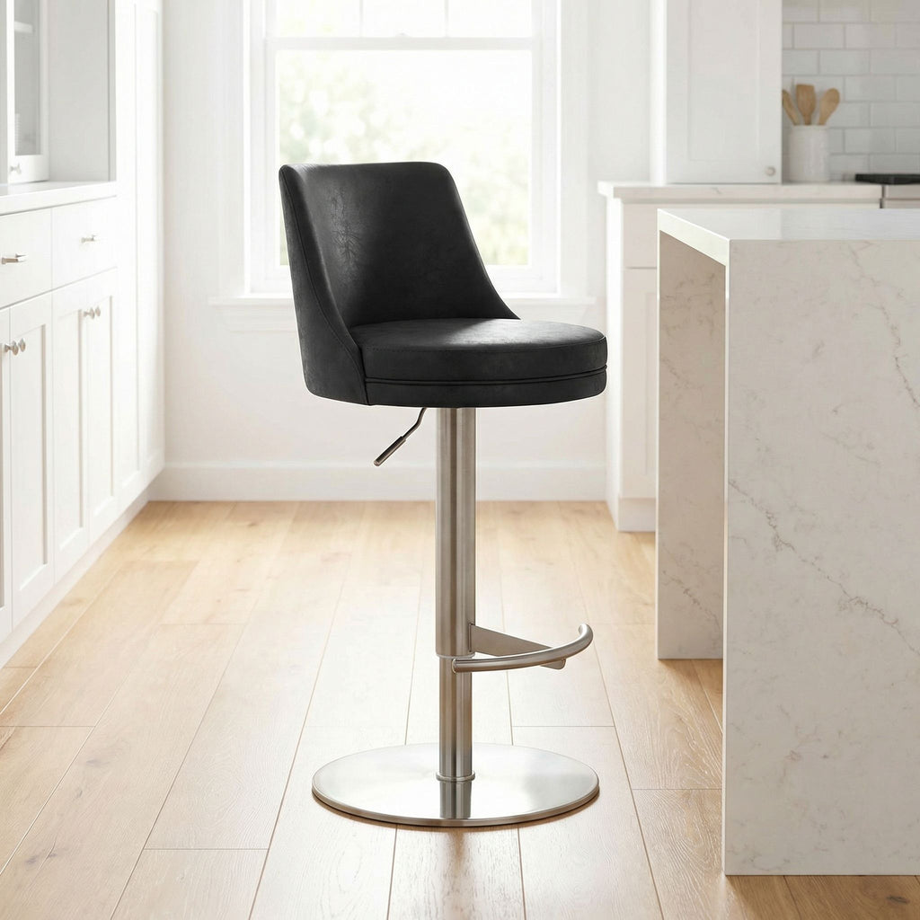 Eros Adjustable Swivel Barstool in Brushed Stainless Steel with Heavy Solid Base, Retro Black