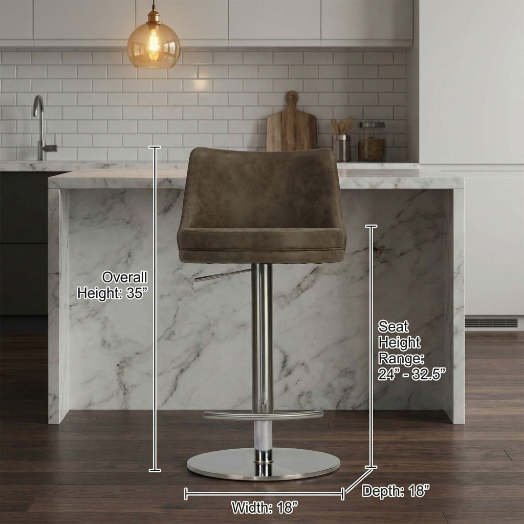 Eros Adjustable Swivel Barstool in Brushed Stainless Steel with Heavy Solid Base, Retro Taupe