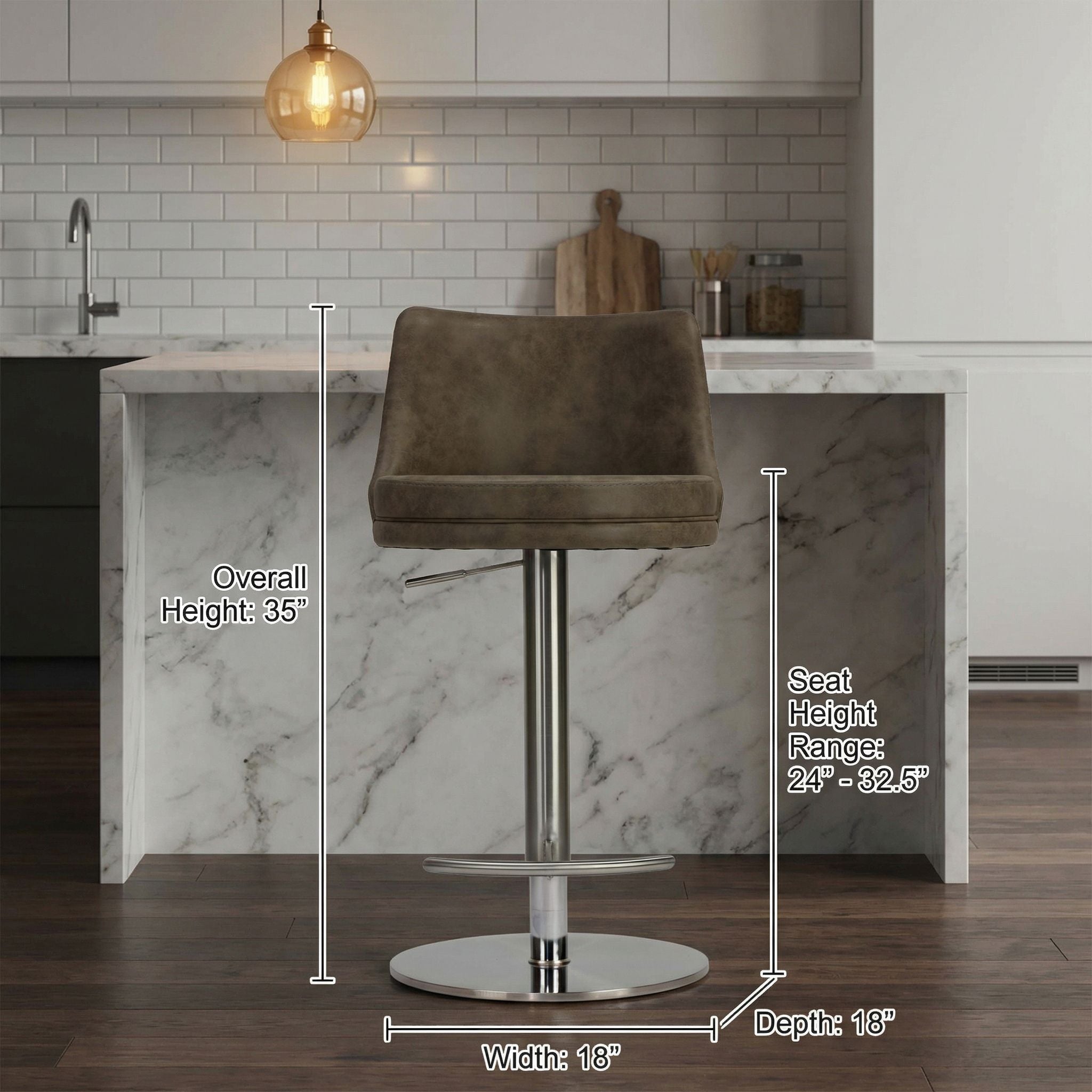 Eros Adjustable Swivel Barstool in Brushed Stainless Steel with Heavy Solid Base, Retro Taupe