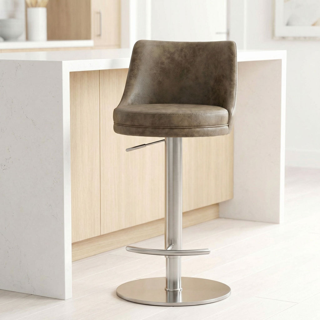 Eros Adjustable Swivel Barstool in Brushed Stainless Steel with Heavy Solid Base, Retro Taupe