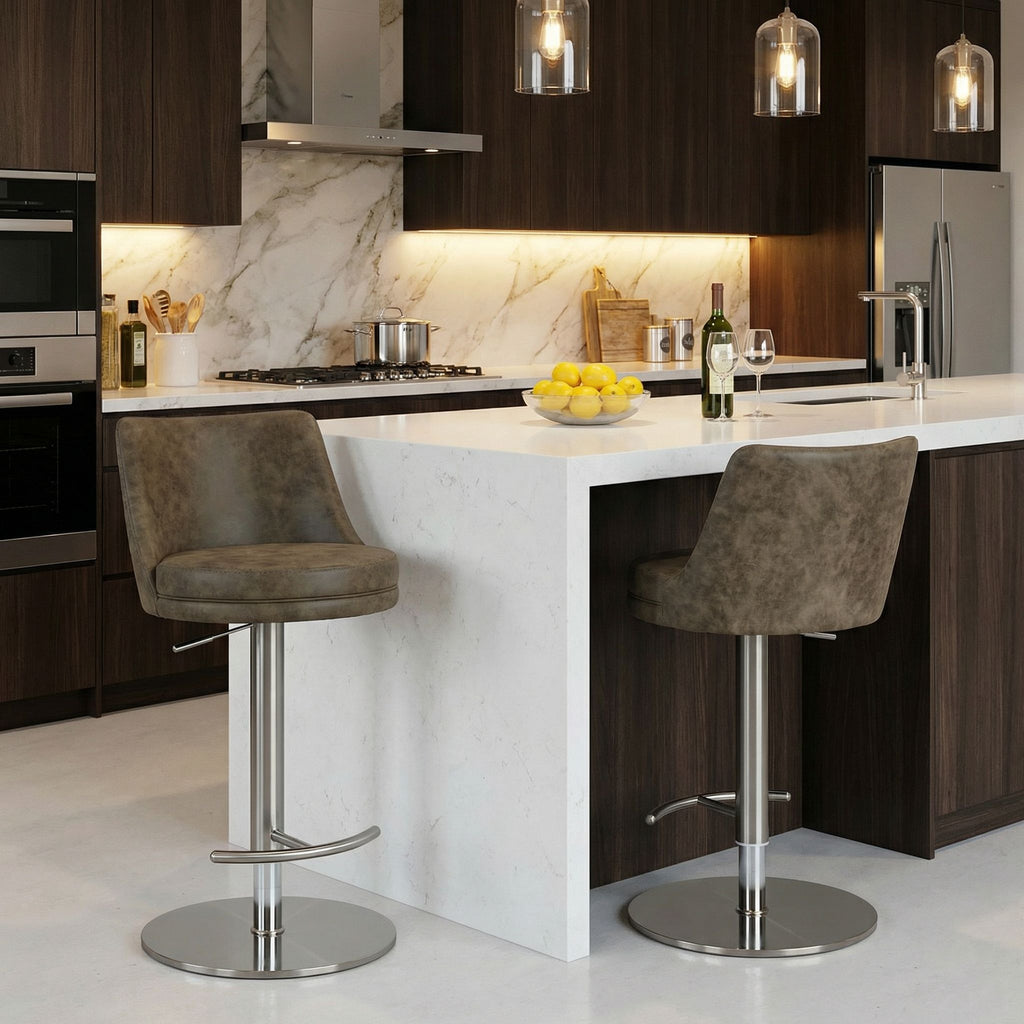 Eros Adjustable Swivel Barstool in Brushed Stainless Steel with Heavy Solid Base, Retro Taupe