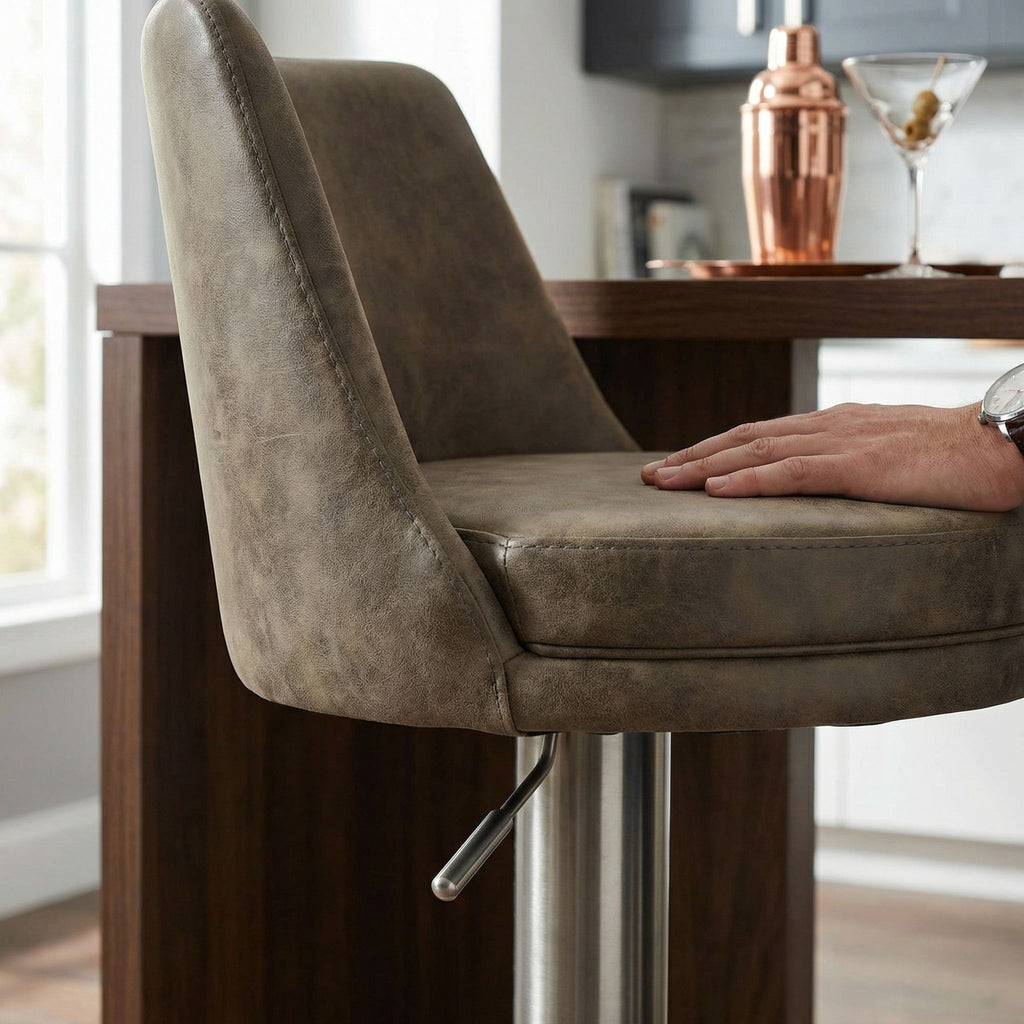 Eros Adjustable Swivel Barstool in Brushed Stainless Steel with Heavy Solid Base, Retro Taupe
