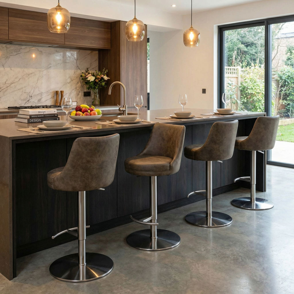 Eros Adjustable Swivel Barstool in Brushed Stainless Steel with Heavy Solid Base, Retro Taupe