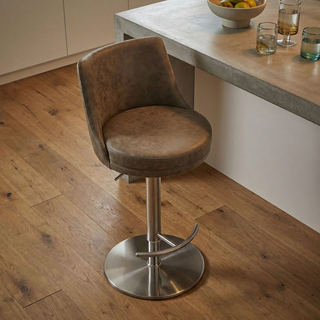 Eros Adjustable Swivel Barstool in Brushed Stainless Steel with Heavy Solid Base, Retro Taupe