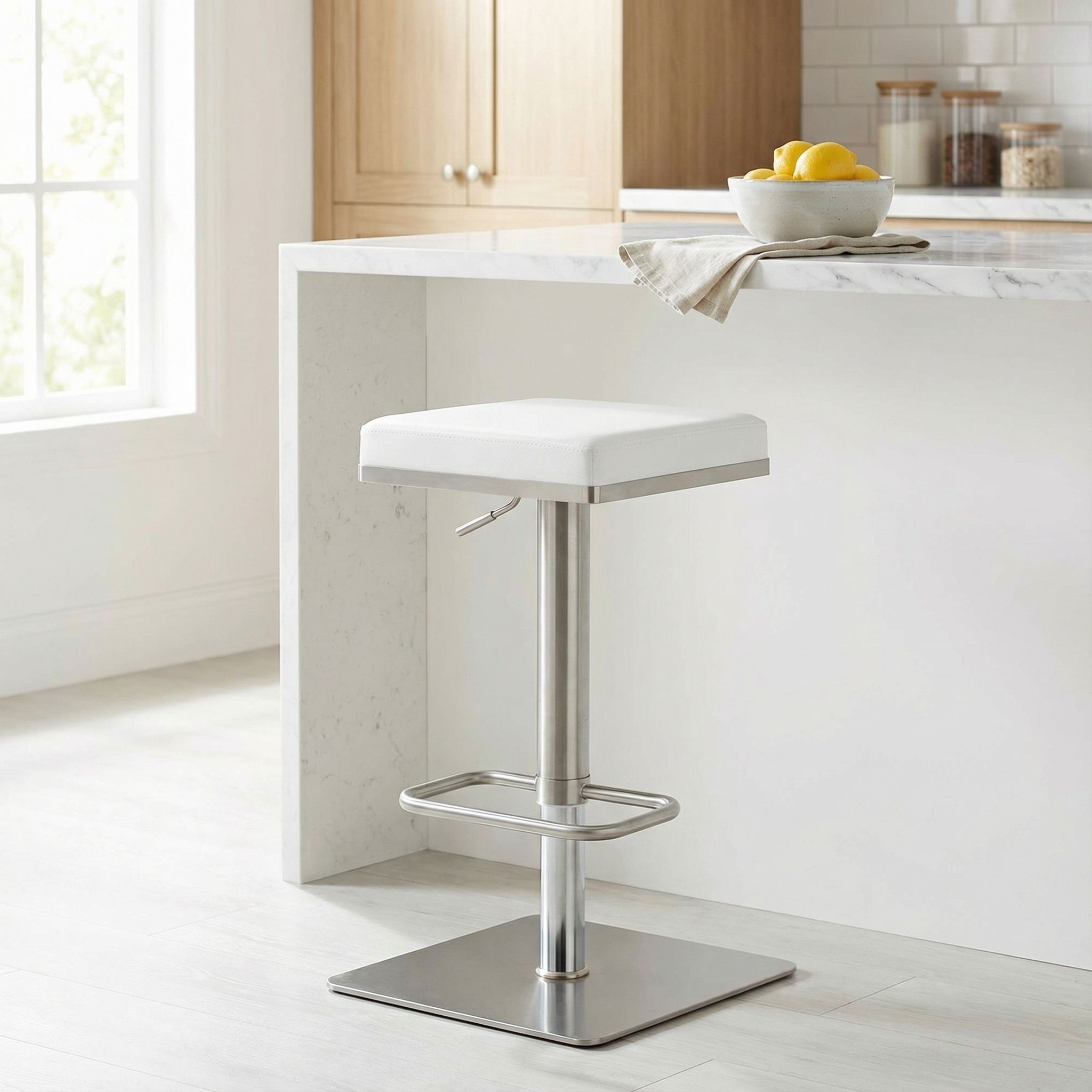 Atlas Adjustable Swivel Barstool in Brushed Stainless Steel with Heavy Solid Base, White